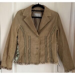 Wilson's Leather Maxima Tan Button Up Jacket Leopard Print & Green Trim Sz L